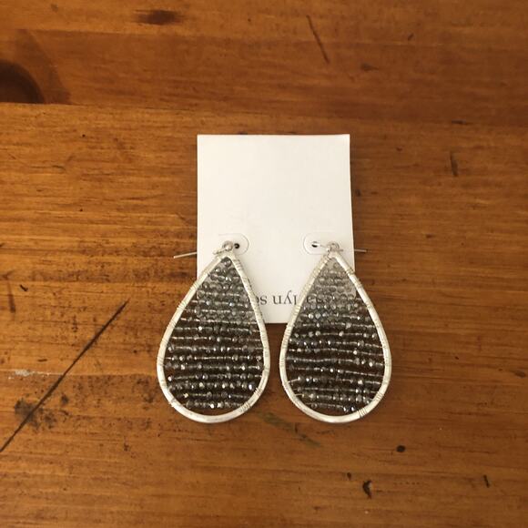 Marlyn Schiff Silver Teardrop Black Druzy Beads Dangle Drop Earrings Hook NWOT - Picture 7 of 10